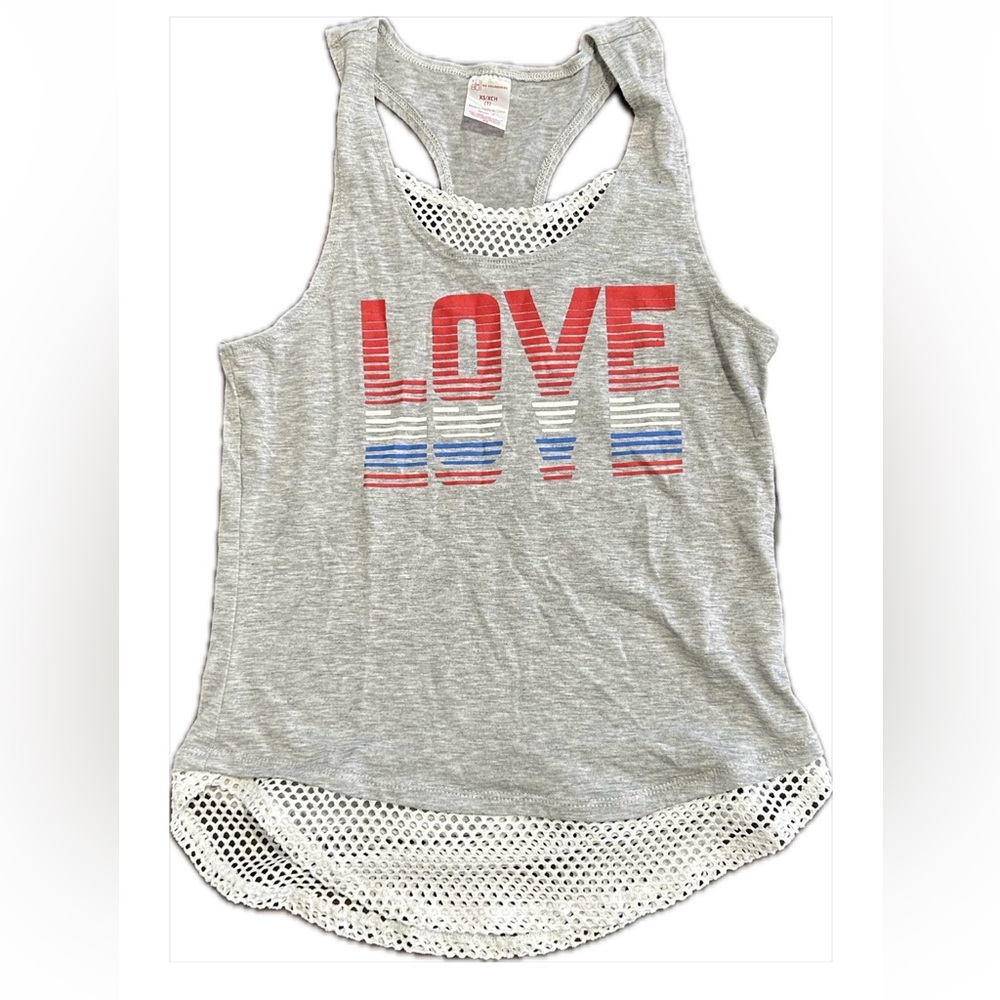 No Boundaries LOVE Graphic Tank Top XS Gray Mesh Trim Racerback